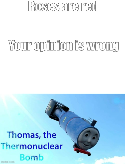 super creative title |  Roses are red; Your opinion is wrong | image tagged in blank white template,thomas the thermonuclear bomb | made w/ Imgflip meme maker