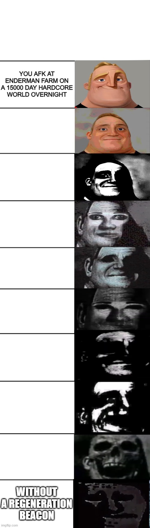argentina | YOU AFK AT ENDERMAN FARM ON A 15000 DAY HARDCORE WORLD OVERNIGHT; WITHOUT A REGENERATION BEACON | image tagged in mr incredible becoming uncanny | made w/ Imgflip meme maker