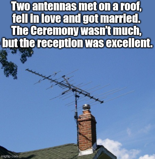 Antenna | Two antennas met on a roof, 
fell in love and got married. 
The Ceremony wasn’t much, 
but the reception was excellent. | image tagged in antenna,eye roll | made w/ Imgflip meme maker