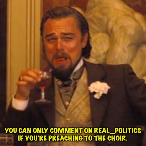 Differing opinions are verboten! | YOU CAN ONLY COMMENT ON REAL_POLITICS IF YOU'RE PREACHING TO THE CHOIR. | image tagged in memes,laughing leo | made w/ Imgflip meme maker