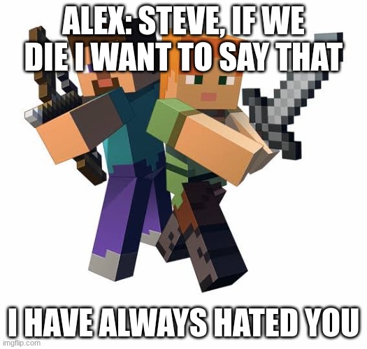 Minecraft steve and alex | ALEX: STEVE, IF WE DIE I WANT TO SAY THAT; I HAVE ALWAYS HATED YOU | image tagged in minecraft steve and alex | made w/ Imgflip meme maker