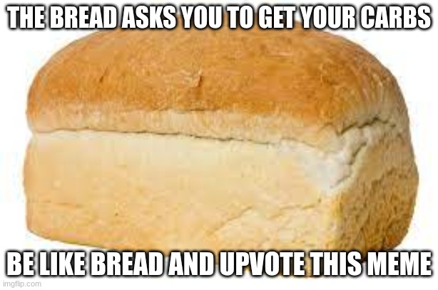 There are so many memes like this one | THE BREAD ASKS YOU TO GET YOUR CARBS; BE LIKE BREAD AND UPVOTE THIS MEME | image tagged in bread,is,cool | made w/ Imgflip meme maker