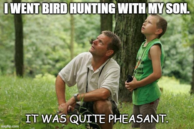 Daily Bad Dad Joke March 22 2022 |  I WENT BIRD HUNTING WITH MY SON. IT WAS QUITE PHEASANT. | image tagged in father and son | made w/ Imgflip meme maker