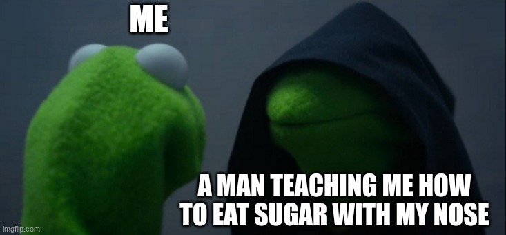 it tastes nice | ME; A MAN TEACHING ME HOW TO EAT SUGAR WITH MY NOSE | image tagged in memes,evil kermit | made w/ Imgflip meme maker