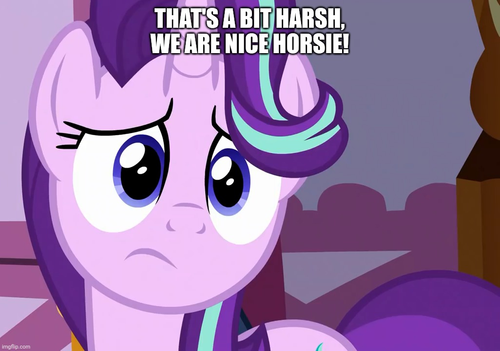 Sad Glimmer (MLP) | THAT'S A BIT HARSH, WE ARE NICE HORSIE! | image tagged in sad glimmer mlp | made w/ Imgflip meme maker