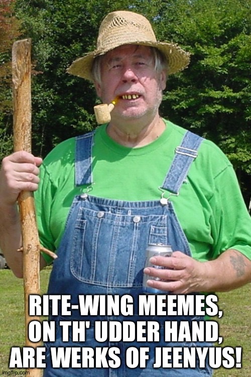 Redneck farmer | RITE-WING MEEMES, ON TH' UDDER HAND, ARE WERKS OF JEENYUS! | image tagged in redneck farmer | made w/ Imgflip meme maker