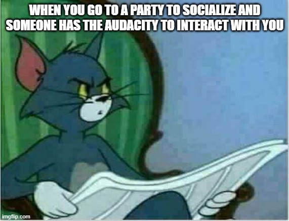 how dare they! | WHEN YOU GO TO A PARTY TO SOCIALIZE AND SOMEONE HAS THE AUDACITY TO INTERACT WITH YOU | image tagged in tom newspaper original | made w/ Imgflip meme maker