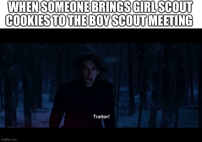 It happened once |  WHEN SOMEONE BRINGS GIRL SCOUT COOKIES TO THE BOY SCOUT MEETING | image tagged in kylo ren traitor,boy scouts,girl scouts,girl scout cookies | made w/ Imgflip meme maker