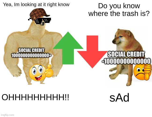 Buff Doge vs. Cheems | Yea, Im looking at it right know; Do you know where the trash is? SOCIAL CREDIT
1000000000000000+; SOCIAL CREDIT
-10000000000000; OHHHHHHHHH!! sAd | image tagged in memes,buff doge vs cheems | made w/ Imgflip meme maker