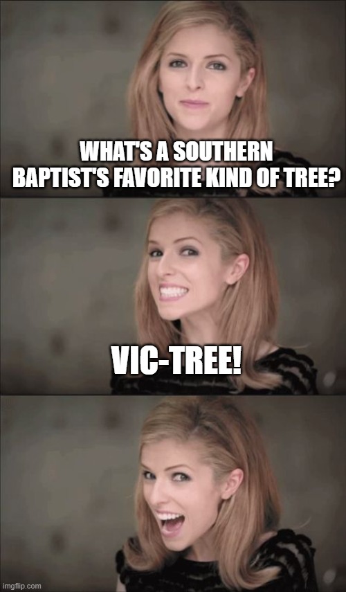 why they always gotta say it like that | WHAT'S A SOUTHERN BAPTIST'S FAVORITE KIND OF TREE? VIC-TREE! | image tagged in memes,bad pun anna kendrick,religious,victory,tree | made w/ Imgflip meme maker