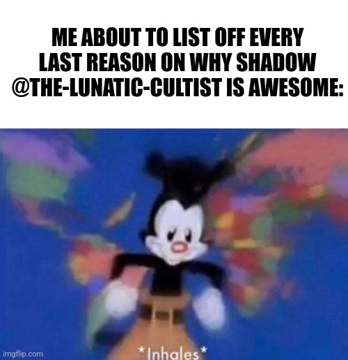 Truth Be Told :) |  ME ABOUT TO LIST OFF EVERY LAST REASON ON WHY SHADOW @THE-LUNATIC-CULTIST IS AWESOME: | image tagged in blank white template,inhales,i hope this makes you smile shadow | made w/ Imgflip meme maker