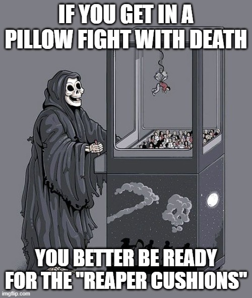 Reaper Cushions | IF YOU GET IN A PILLOW FIGHT WITH DEATH; YOU BETTER BE READY FOR THE "REAPER CUSHIONS" | image tagged in grim reaper claw machine | made w/ Imgflip meme maker