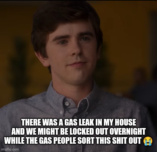 random cute freddie highmore i guess lmao | THERE WAS A GAS LEAK IN MY HOUSE AND WE MIGHT BE LOCKED OUT OVERNIGHT WHILE THE GAS PEOPLE SORT THIS SHIT OUT 😭 | image tagged in random cute freddie highmore i guess lmao | made w/ Imgflip meme maker