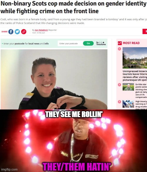 THEY SEE ME ROLLIN'; THEY/THEM HATIN' | image tagged in memes,non binary,scotland,police,song,pronouns | made w/ Imgflip meme maker