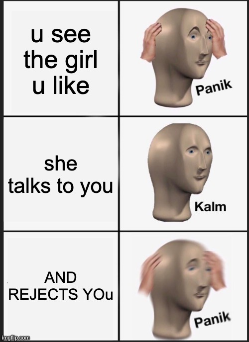 Panik Kalm Panik | u see the girl u like; she talks to you; AND REJECTS YOu | image tagged in memes,panik kalm panik | made w/ Imgflip meme maker
