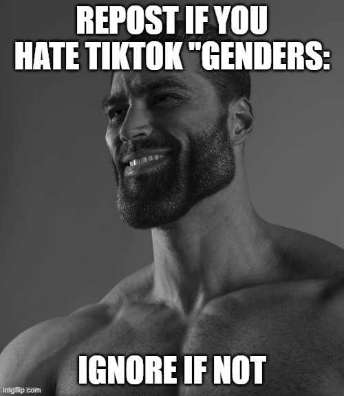 e | REPOST IF YOU HATE TIKTOK "GENDERS:; IGNORE IF NOT | image tagged in giga chad | made w/ Imgflip meme maker