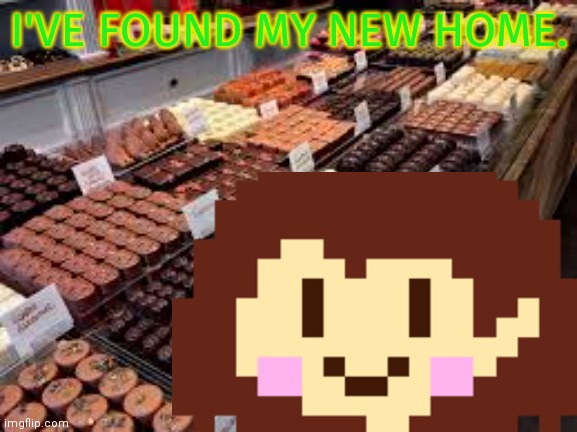 Chara's new home | I'VE FOUND MY NEW HOME. | image tagged in chara,found,the chocolate factory,undertale | made w/ Imgflip meme maker