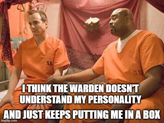 prison | I THINK THE WARDEN DOESN'T UNDERSTAND MY PERSONALITY; AND JUST KEEPS PUTTING ME IN A BOX | image tagged in prison | made w/ Imgflip meme maker