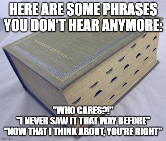 Dictionary | HERE ARE SOME PHRASES YOU DON'T HEAR ANYMORE:; "WHO CARES?!"
"I NEVER SAW IT THAT WAY BEFORE"
"NOW THAT I THINK ABOUT, YOU'RE RIGHT" | image tagged in dictionary | made w/ Imgflip meme maker