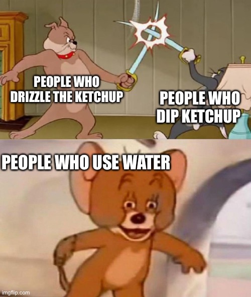 Y’all don’t ure water smh | PEOPLE WHO DRIZZLE THE KETCHUP; PEOPLE WHO DIP KETCHUP; PEOPLE WHO USE WATER | image tagged in tom and jerry swordfight | made w/ Imgflip meme maker