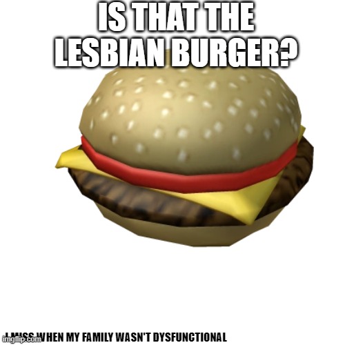 lolololol | IS THAT THE LESBIAN BURGER? I MISS WHEN MY FAMILY WASN'T DYSFUNCTIONAL | image tagged in memes | made w/ Imgflip meme maker