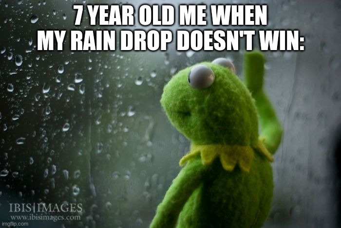 kermit window | 7 YEAR OLD ME WHEN MY RAIN DROP DOESN'T WIN: | image tagged in kermit window | made w/ Imgflip meme maker