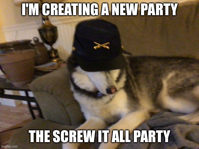 For the people who think all the other parties are to extreme and just want to have fun | I'M CREATING A NEW PARTY; THE SCREW IT ALL PARTY | image tagged in union husky,politics | made w/ Imgflip meme maker