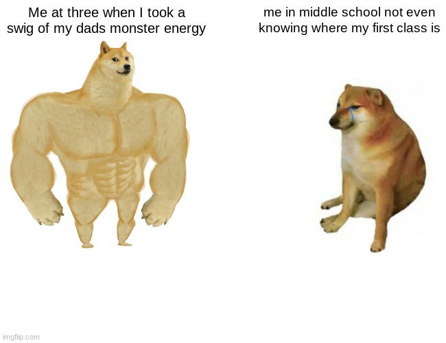 Buff Doge vs. Cheems Meme | Me at three when I took a swig of my dads monster energy; me in middle school not even knowing where my first class is | image tagged in memes,buff doge vs cheems | made w/ Imgflip meme maker