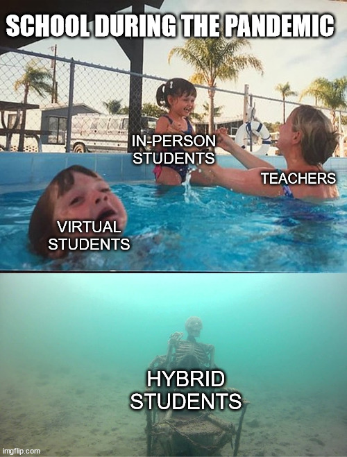 School During the Pandemic | SCHOOL DURING THE PANDEMIC; IN-PERSON STUDENTS; TEACHERS; VIRTUAL STUDENTS; HYBRID STUDENTS | image tagged in mother ignoring kid drowning in a pool,pandemic,virtual learning memes,education,virtual school | made w/ Imgflip meme maker