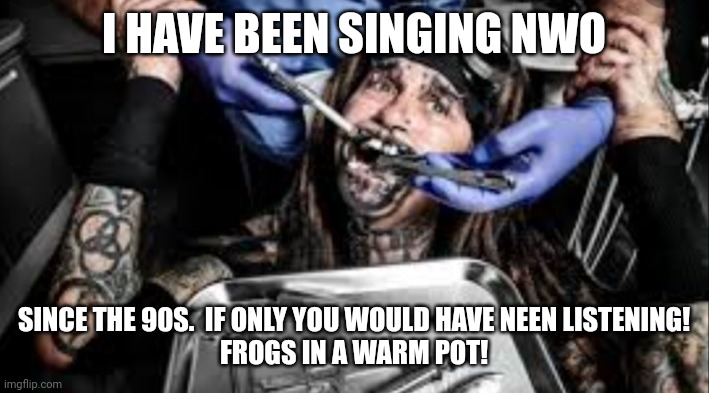 Minstry | I HAVE BEEN SINGING NWO SINCE THE 90S.  IF ONLY YOU WOULD HAVE NEEN LISTENING!

FROGS IN A WARM POT! | image tagged in minstry | made w/ Imgflip meme maker