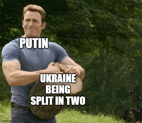 Partition | PUTIN; UKRAINE BEING SPLIT IN TWO | image tagged in captain america splits timber,putin,ukraine,russia,usa,toria nuland | made w/ Imgflip meme maker