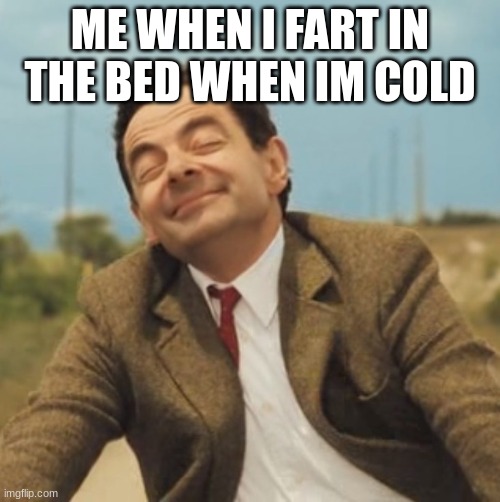 kdjbvbdvlakbd | ME WHEN I FART IN THE BED WHEN IM COLD | image tagged in mr bean happy face | made w/ Imgflip meme maker