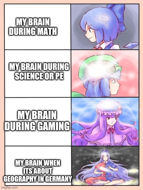 1000000000% me | MY BRAIN DURING MATH; MY BRAIN DURING SCIENCE OR PE; MY BRAIN DURING GAMING; MY BRAIN WHEN ITS ABOUT GEOGRAPHY IN GERMANY | image tagged in touhou mind blowing,no one cares,school makes me smol brain,get trolled alt delete,fml,smh | made w/ Imgflip meme maker