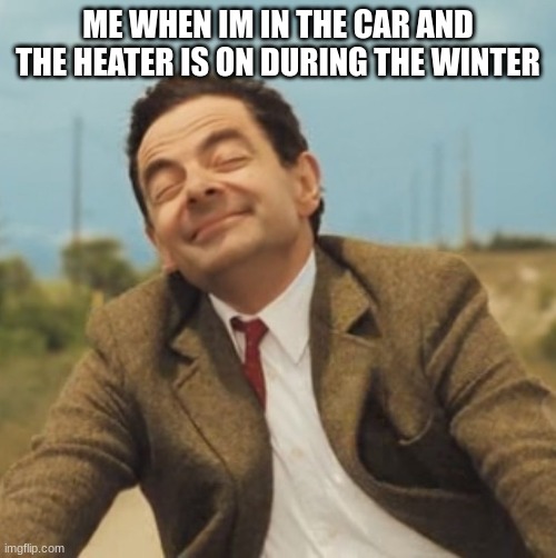 beanz | ME WHEN IM IN THE CAR AND THE HEATER IS ON DURING THE WINTER | image tagged in mr bean happy face | made w/ Imgflip meme maker