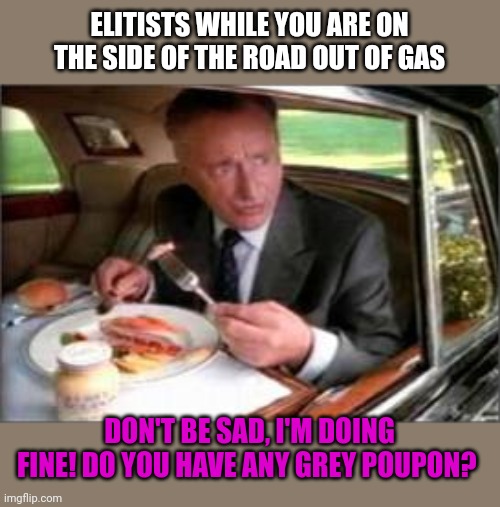 Grey Poupon | ELITISTS WHILE YOU ARE ON THE SIDE OF THE ROAD OUT OF GAS DON'T BE SAD, I'M DOING FINE! DO YOU HAVE ANY GREY POUPON? | image tagged in grey poupon | made w/ Imgflip meme maker