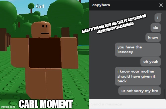 when the npcs are becoming smart moments kick in | ALSO I'M THE ONE WHO DID THIS TO CAPYBARA XD
 -MAXTHEWORTHLESSMARIO; CARL MOMENT | image tagged in roblox meme,npc meme | made w/ Imgflip meme maker