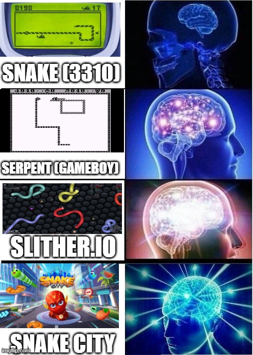 Snake City/NFT Game inspired by Slither | SNAKE (3310); SERPENT (GAMEBOY); SLITHER.IO; SNAKE CITY | image tagged in memes,expanding brain | made w/ Imgflip meme maker