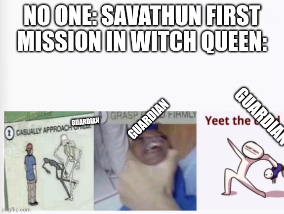 Casually Approach Child, Grasp Child Firmly, Yeet the Child | NO ONE: SAVATHUN FIRST MISSION IN WITCH QUEEN:; GUARDIAN; GUARDIAN; GUARDIAN | image tagged in casually approach child grasp child firmly yeet the child | made w/ Imgflip meme maker