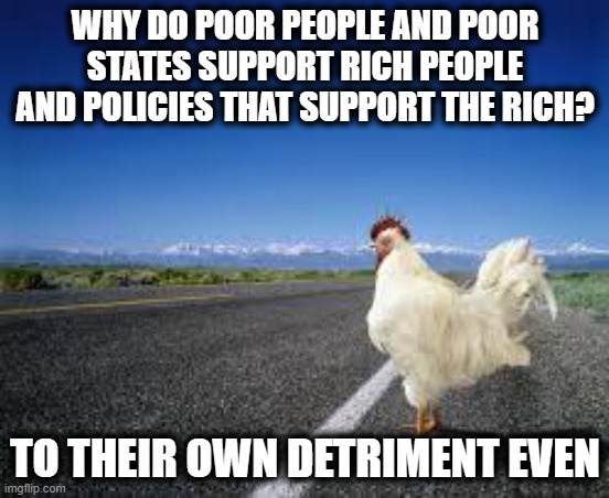 The answer is on the other side | WHY DO POOR PEOPLE AND POOR STATES SUPPORT RICH PEOPLE AND POLICIES THAT SUPPORT THE RICH? TO THEIR OWN DETRIMENT EVEN | image tagged in why the chicken cross the road,memes,politics,right wing,conservatives,republicans | made w/ Imgflip meme maker