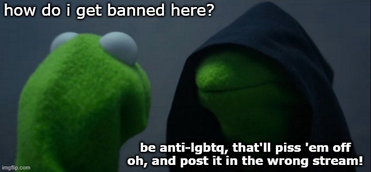 Evil Kermit | how do i get banned here? be anti-lgbtq, that'll piss 'em off

oh, and post it in the wrong stream! | image tagged in memes,evil kermit | made w/ Imgflip meme maker