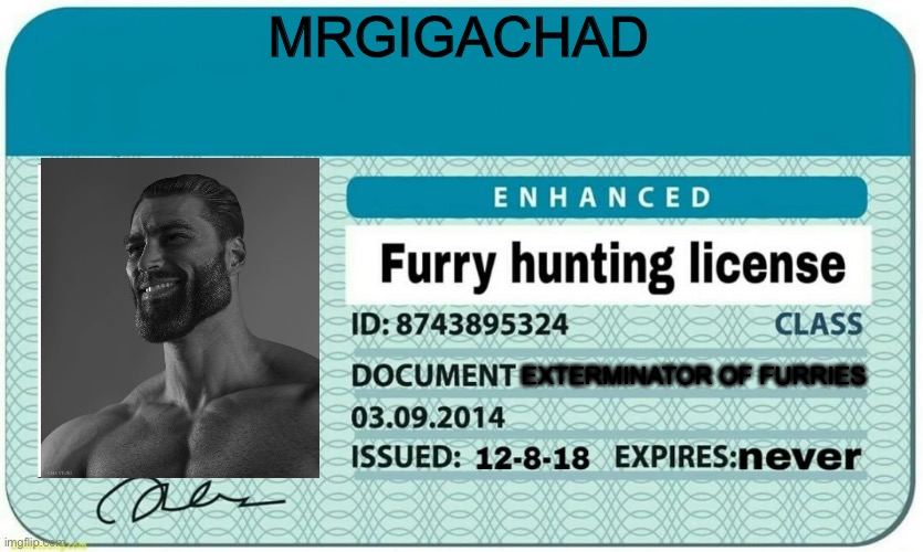 furry hunting license | MRGIGACHAD; EXTERMINATOR OF FURRIES | image tagged in furry hunting license | made w/ Imgflip meme maker