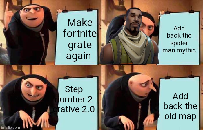 Make Fortnite great again | Make fortnite grate again; Add back the spider man mythic; Step number 2 crative 2.0; Add back the old map | image tagged in memes,gru's plan | made w/ Imgflip meme maker