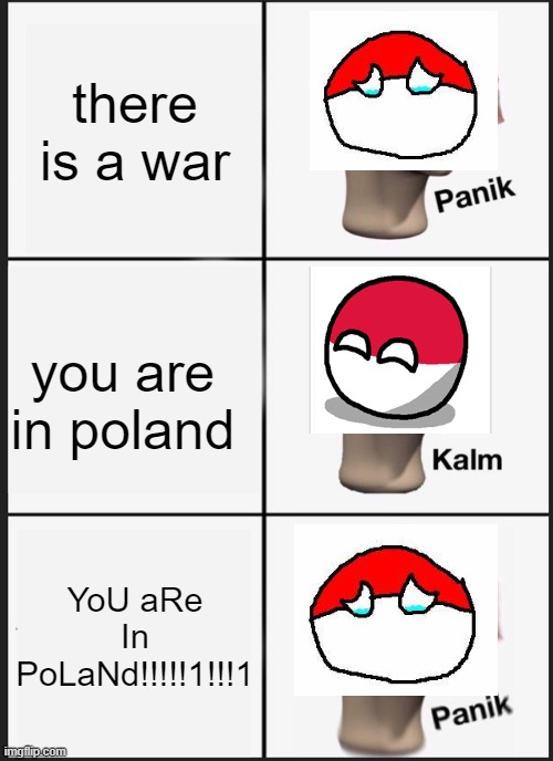 You don't want to be in Poland during a war | there is a war; you are in poland; YoU aRe In PoLaNd!!!!!1!!!1 | image tagged in memes,panik kalm panik | made w/ Imgflip meme maker