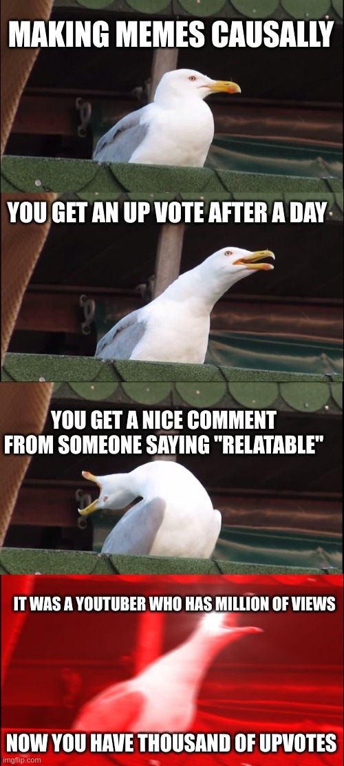 Inhaling Seagull | MAKING MEMES CAUSALLY; YOU GET AN UP VOTE AFTER A DAY; YOU GET A NICE COMMENT FROM SOMEONE SAYING "RELATABLE"; IT WAS A YOUTUBER WHO HAS MILLION OF VIEWS; NOW YOU HAVE THOUSAND OF UPVOTES | image tagged in memes,inhaling seagull,youtube,jokes,very real lol,casual | made w/ Imgflip meme maker