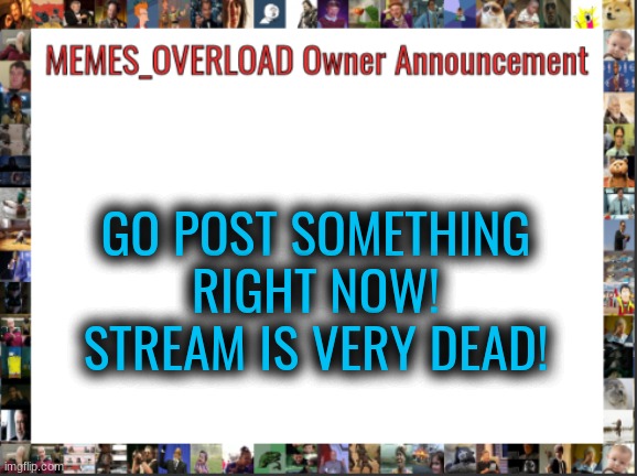 Memes Overload Owner | GO POST SOMETHING RIGHT NOW! STREAM IS VERY DEAD! | image tagged in memes overload owner | made w/ Imgflip meme maker