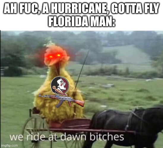 I’ve lived here all my life don’t question the Florida man. | AH FUC, A HURRICANE, GOTTA FLY
FLORIDA MAN: | image tagged in we ride at dawn bitches | made w/ Imgflip meme maker