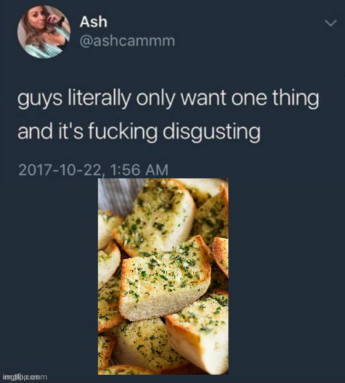 my favorite food | image tagged in guys literally only want one thing,garlic bread | made w/ Imgflip meme maker