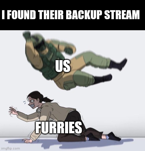 Go to comments for link, attack. | I FOUND THEIR BACKUP STREAM; US; FURRIES | image tagged in fuze elbow dropping a hostage | made w/ Imgflip meme maker