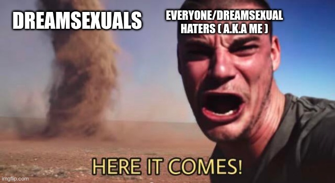 HERE IT COMES! | DREAMSEXUALS EVERYONE/DREAMSEXUAL HATERS ( A.K.A ME ) | image tagged in here it comes | made w/ Imgflip meme maker