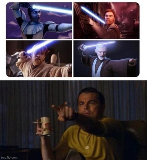 Obiwan Saber Stance | image tagged in leonardo dicaprio pointing,obiwan,lightsaber | made w/ Imgflip meme maker